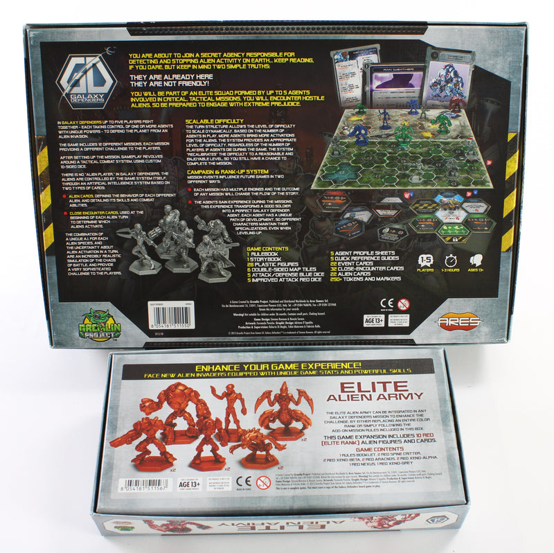 Galaxy Defenders Board Game + Elite Alien Army Expansion – Ares Games – Like New