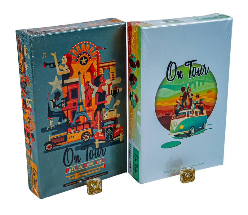On Tour Board Game Bundle – Core Game + Paris & New York Expansion + Sparkle Dice (New & Sealed)