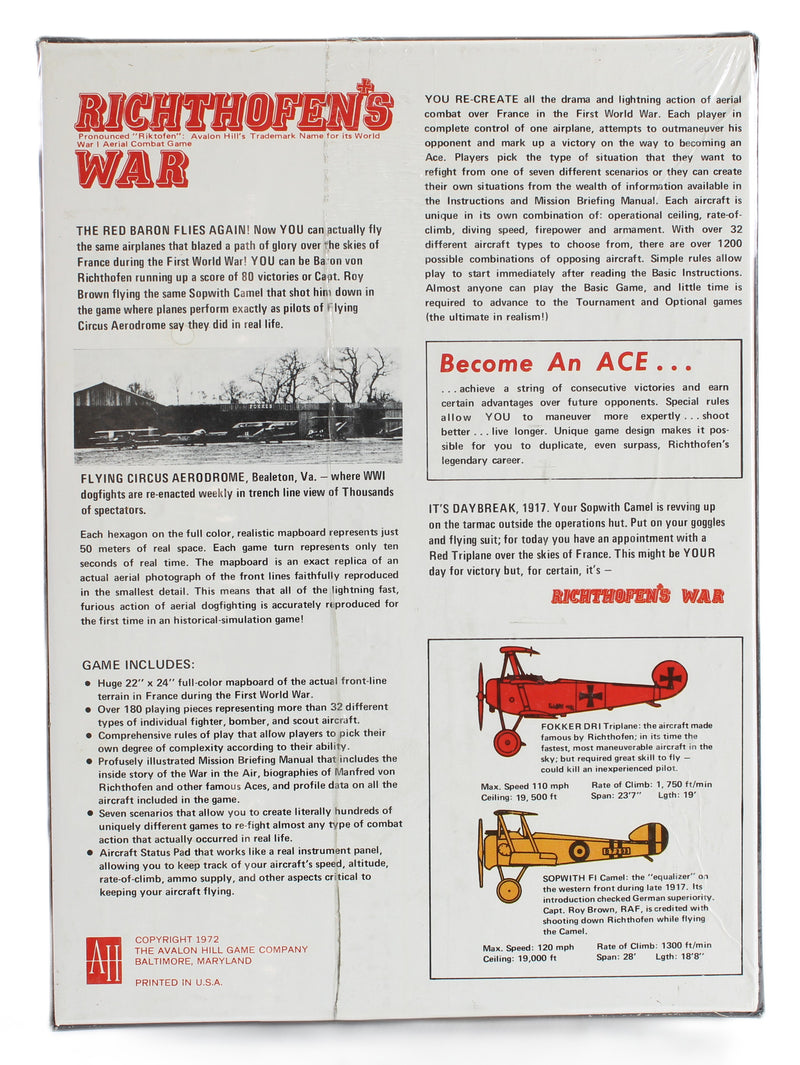 Richthofen's War – Avalon Hill 1972 Bookcase Edition – Factory Sealed